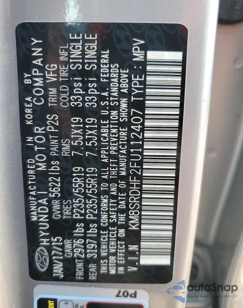 2015 Hyundai Santa Fe Gls из США, поврежденный, VIN KM8SRDHF2FU112407